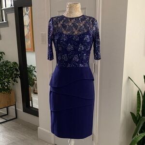 Teri Jon by Rickie Freeman Blue Sequin Lace 3/4 Sleeve Cocktail Dress 8